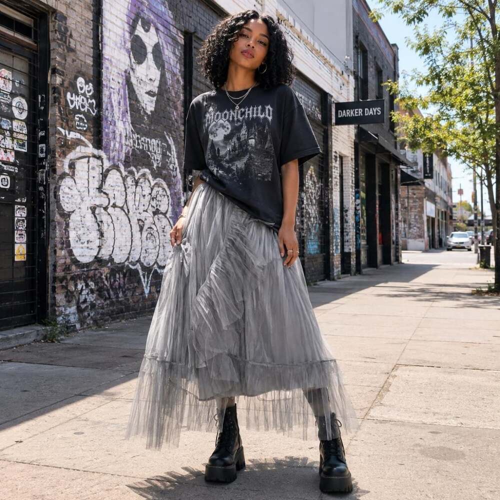 JNBY Gray Pleated Tulle Midi Skirt